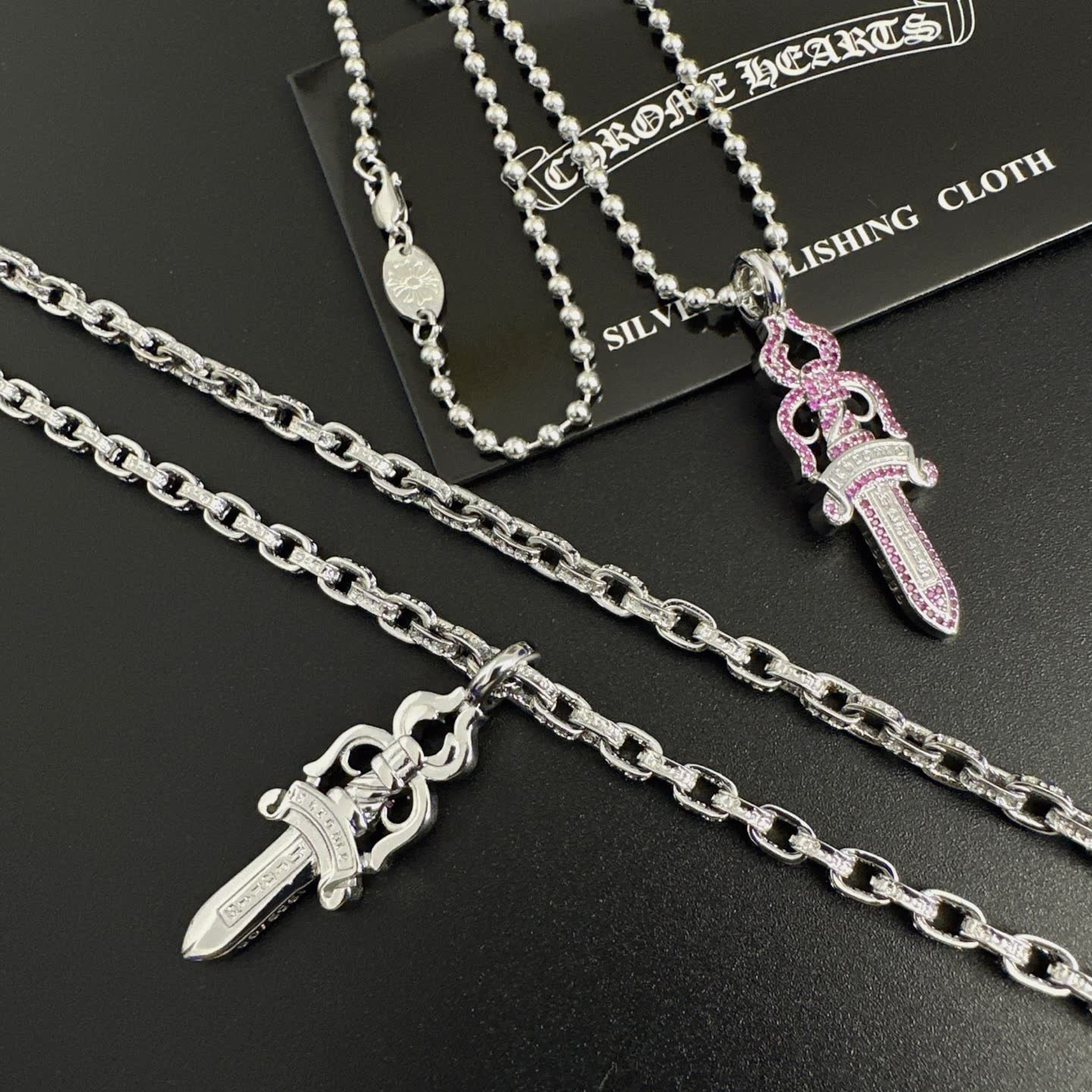 Chrome Hearts Silver Sword Pendant Necklace with Pink Stones